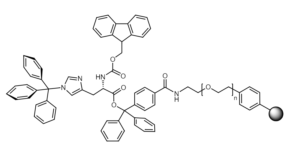 Fmoc-His(Trt) Low Crosslinked Polystyrene-PEG S TRT Resin, 90 µm, Capacity 0.15-0.25 mmol/g