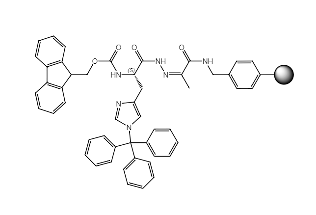 Fmoc-L-His(Trt)-NHN=Pyv Resin, 100-200 Mesh, Loading ></noscript> 0.3 mmol/g, 1% DVB